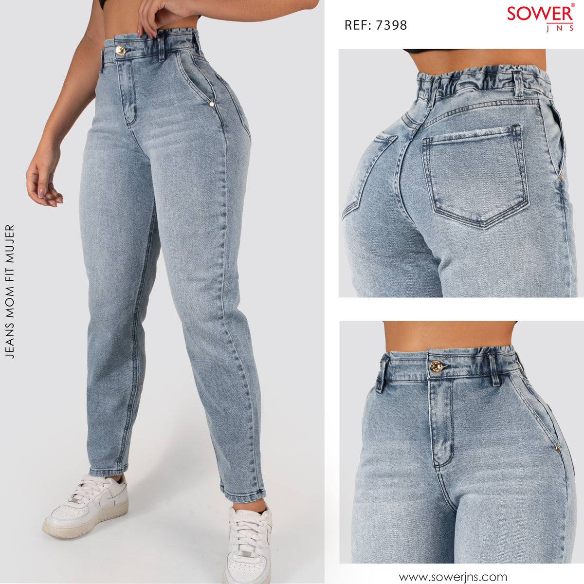 Jeans Mom Fit Tiro Alto Pretina Resortada 7398