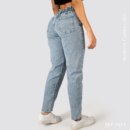 Jeans Mom Fit Tiro Alto Pretina Resortada 7611