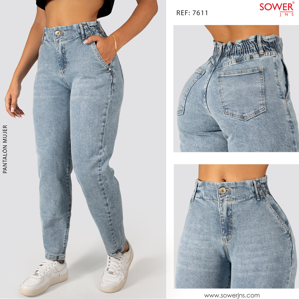 Jeans Mom Fit Tiro Alto Pretina Resortada 7611