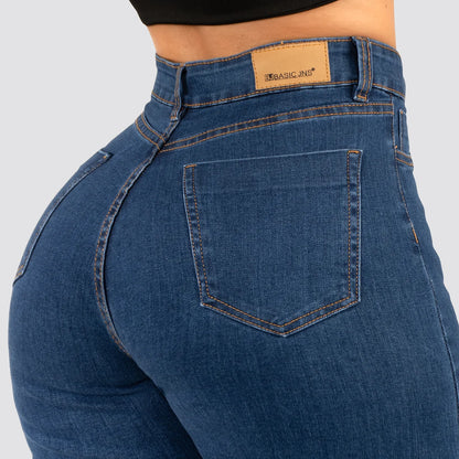 Jeans Mom Flare Tiro Alto Azul Basic