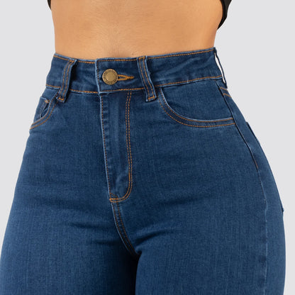 Jeans Mom Flare Tiro Alto Azul Basic