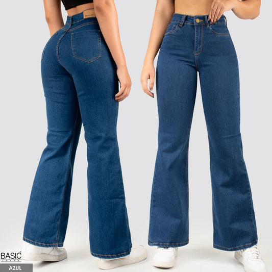 Jeans Mom Flare Tiro Alto Azul Basic